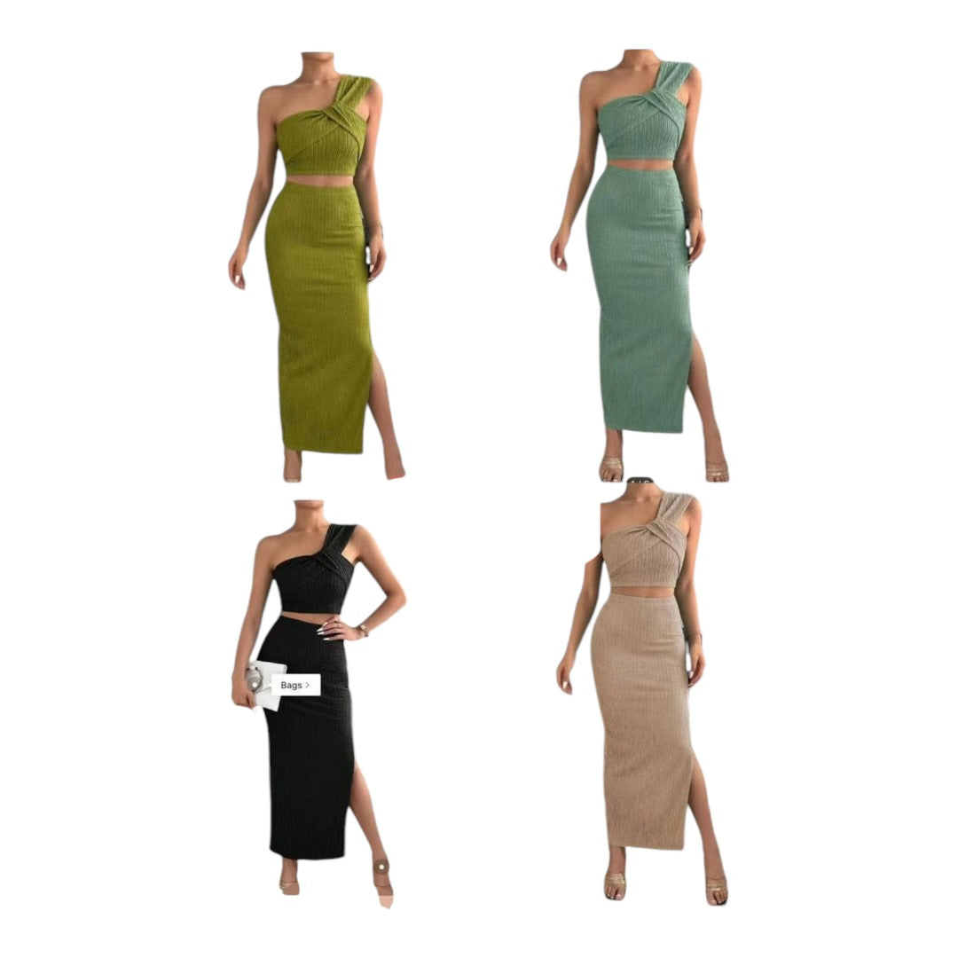 Off Shoulder Crop Top & Split Thigh Skirt In Various Colours
