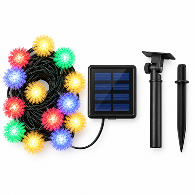 Solar Fur Pom-Pom String Lights, 5m with 20 LEDs, Multicolour Outdoor Decoration