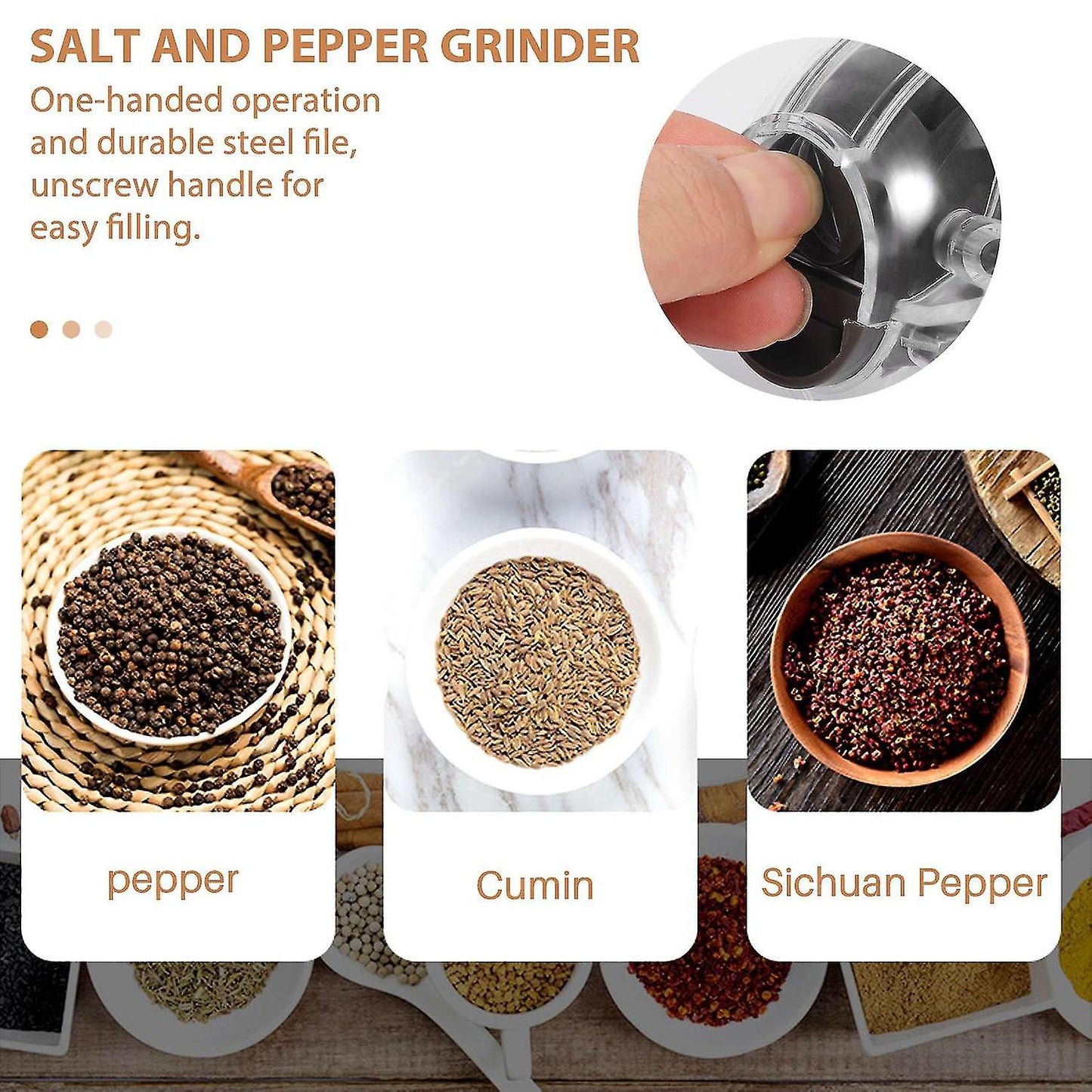Mini Salt & Pepper Grinder – One-Handed Squeeze Grinder with Adjustable Coarseness