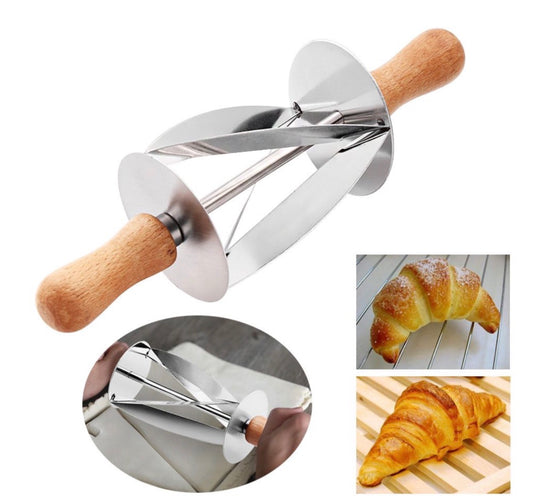 MHome Stainless Steel Croissant Rolling Cutter Bread Dough Pastry Making Tool with Wooden Handle