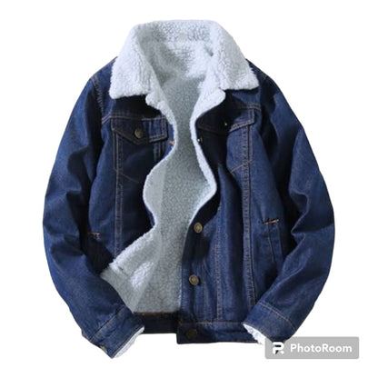 Casual Classic Denim Fleece Lined Jacket for Men ( Blue )