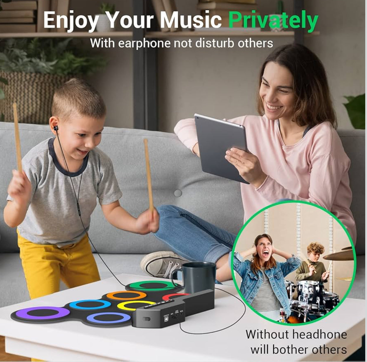 MTech 7-Pad Kids Electronic Drum Set – Roll-Up Portable Electric Drum Kit