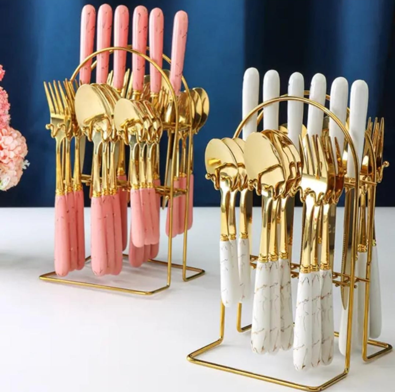 Classic 24 Piece Gold With Marble Handle Dinner Cutlery Set - Various Colour Options