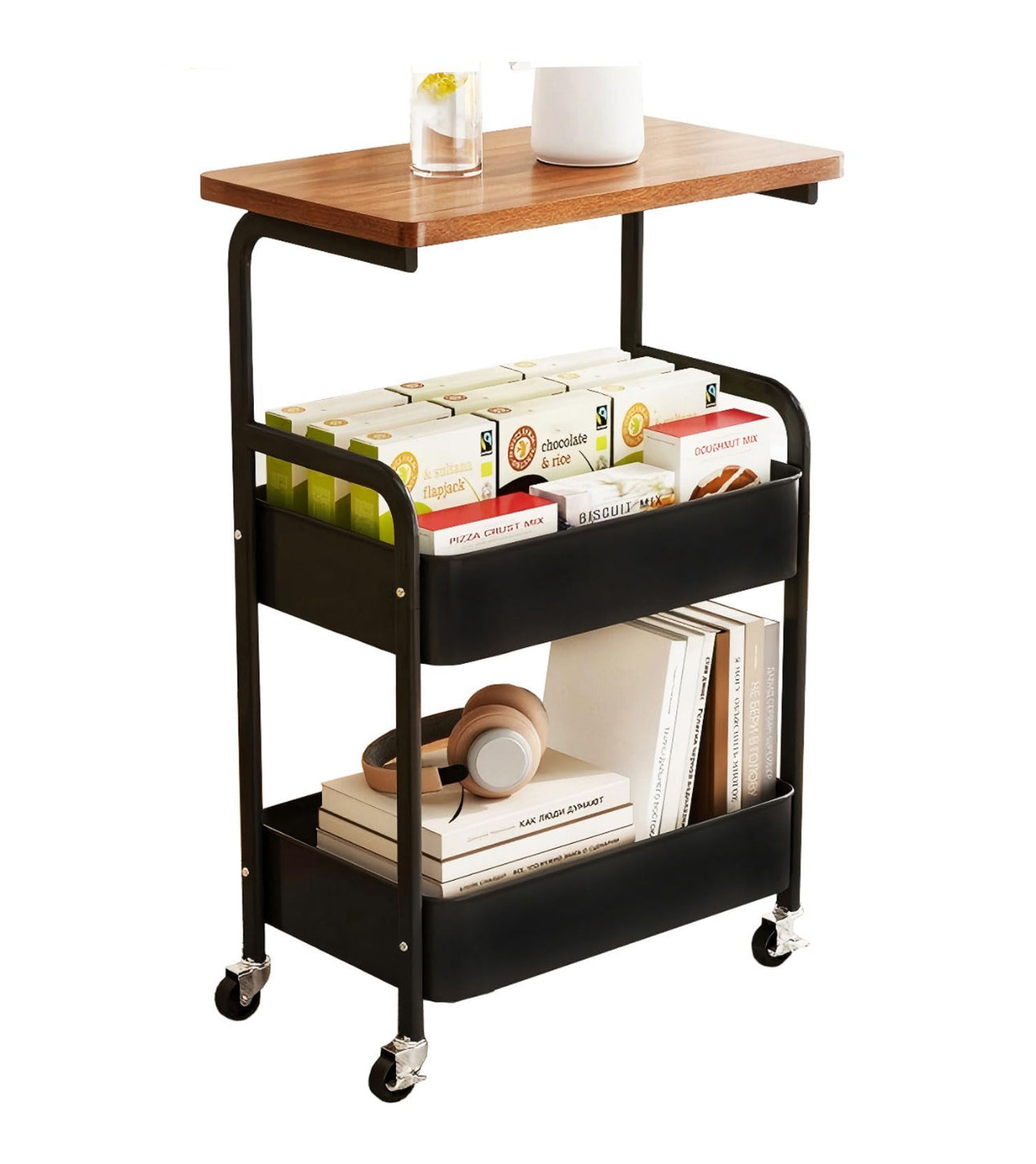 MHome 2-Tier Coffee Table Trolley – Rolling Storage Cart with Shelves, Metal Frame & Wood Finish