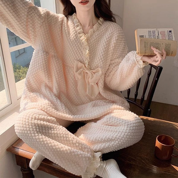 Ladies Coral Fleece Pyjamas  Autumn/Winter Thick Padded Warm Sweet Lace Suit Winter-Various Colours