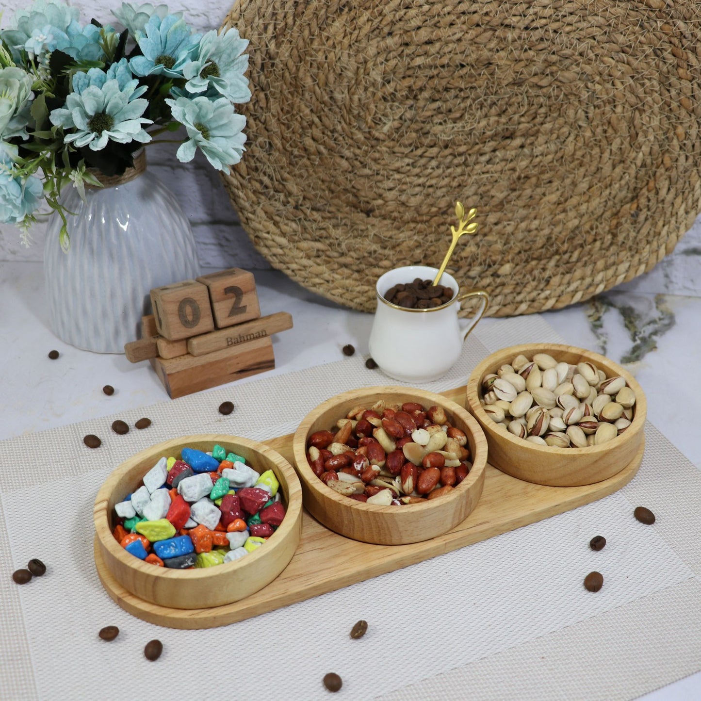 MHome 3pc Bamboo Snack Plate Set – Wooden Condiment Tray with 3 Serving Bowls