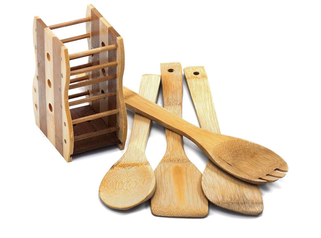 MHome 4 Pieces Pure Bamboo Wooden Solid Turner, Spatula, Slotted Spoon & Spoon Kitchen Essentials Cooking Utensils Tool Set