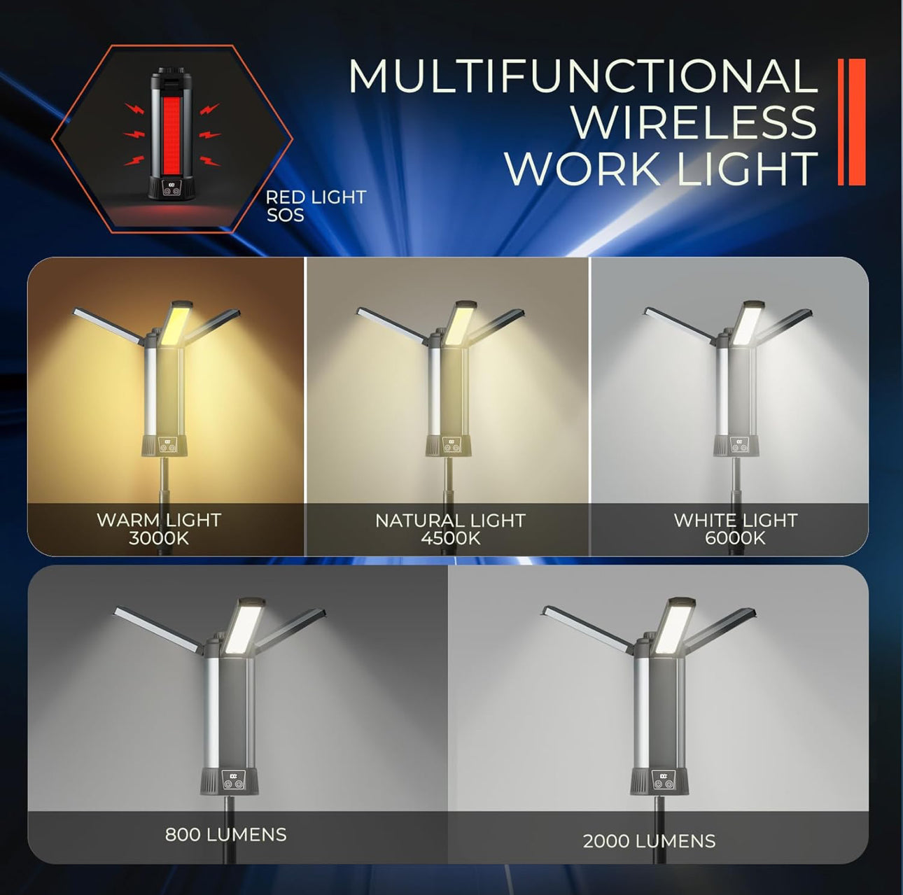 Rechargeable LED Work Light with Stand - Cordless Dimmable Camping Light with Detachable Tripod,Hooks and Carrying Bag