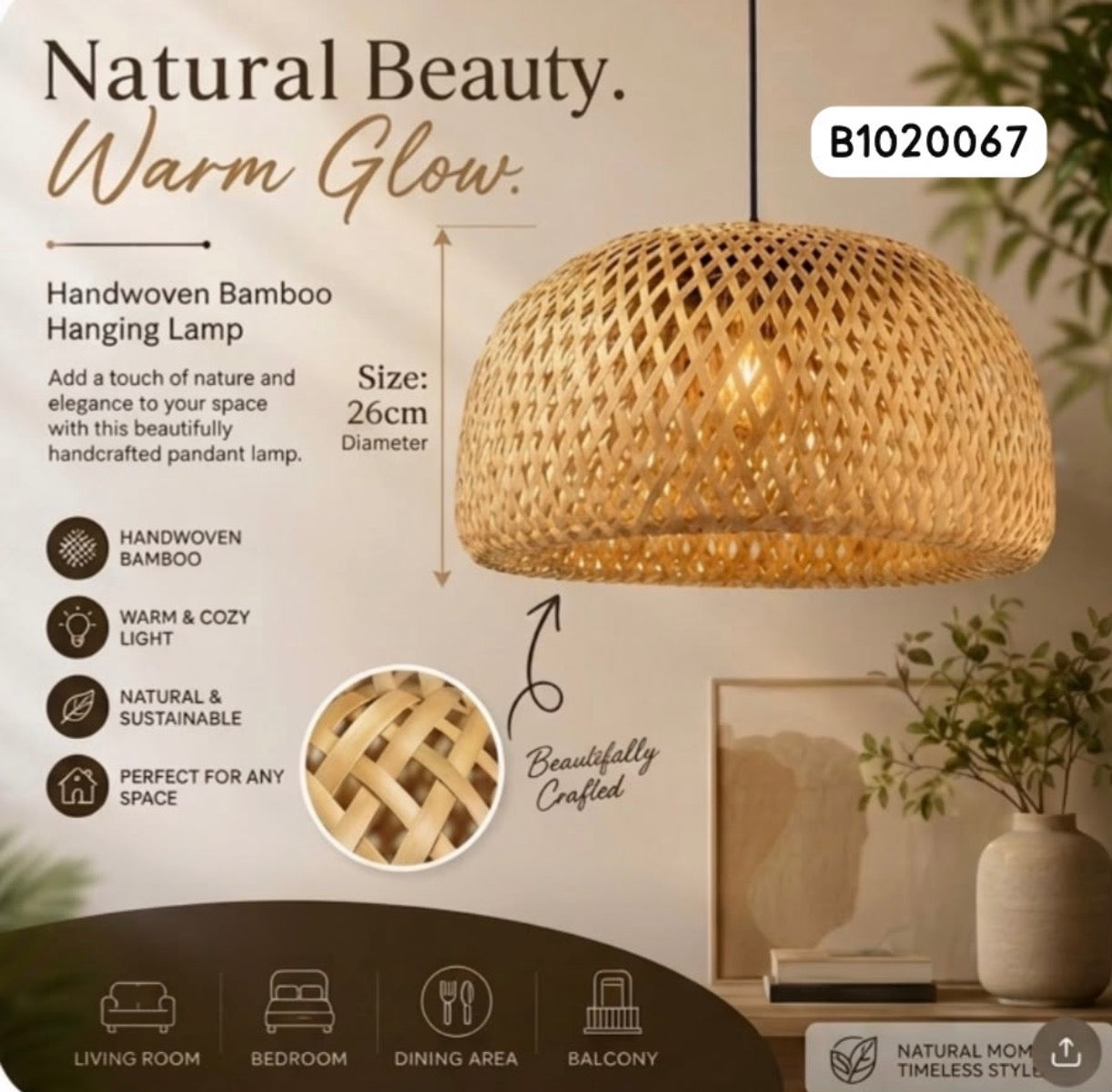 MHome Bamboo Wicker Rustic Vintage Rattan Shade Hanging Pendant Light-Various Options