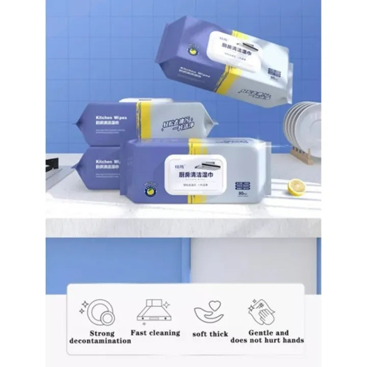 80 PCS Kitchen Cleaning Wipes Kitchen Towel Tissue Strong Decontamination Degreasing Wet Tissue Lemon Household Wet Wipe