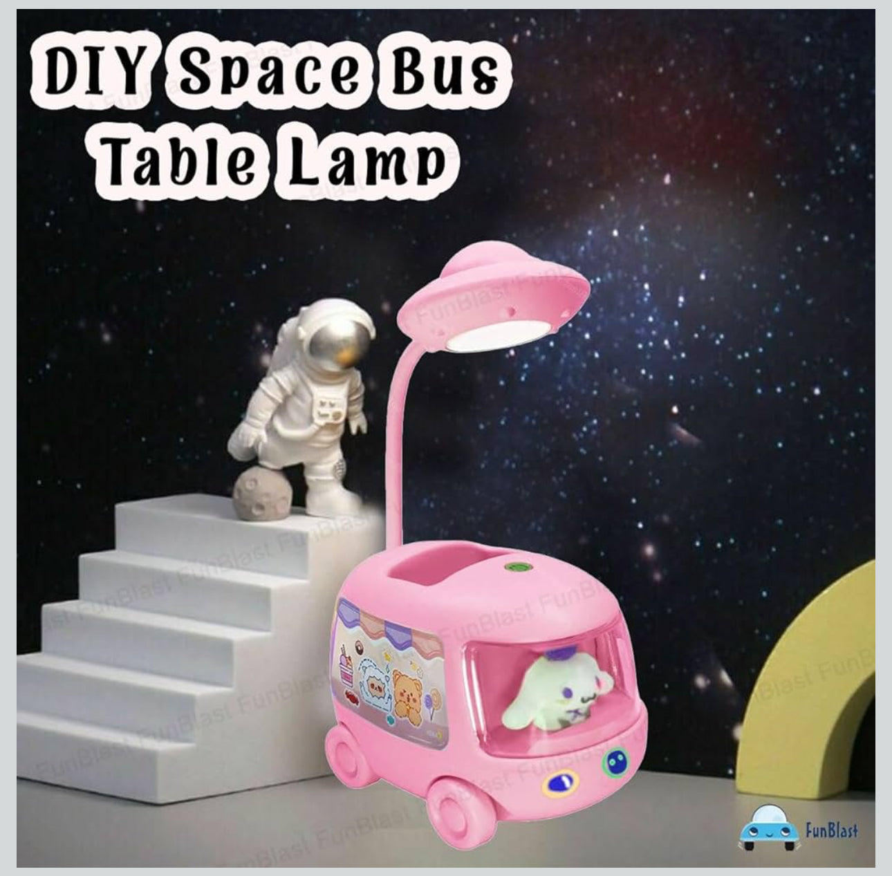 DIY Space Bus Table Lamp-3 in 1 Study Desk LED Lamp and Pen Holder, Stickers with Moving Wheels, USB Rechargeable Desk Lamp-Various Colours