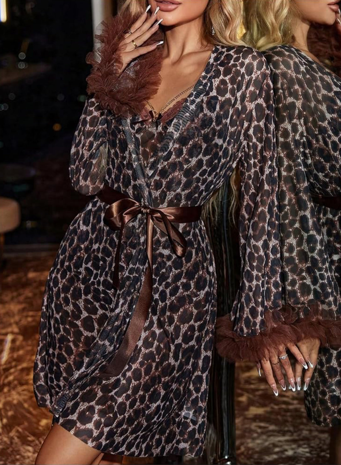 Women's Leopard Print Pajamas Lace Bustier Top and Shorts with Bow Robe Sleepwear 3pc