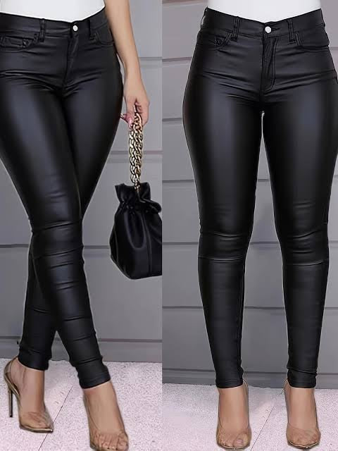 Ladies Trendy High-Waisted Faux Leather Skinny Pants-Various Sizes