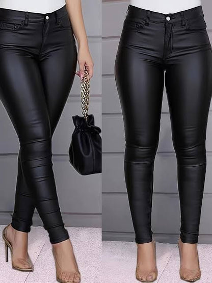 Ladies Trendy High-Waisted Faux Leather Skinny Pants-Various Sizes