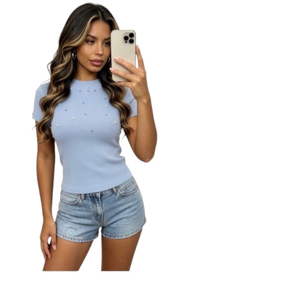 Ladies Pearl Embellished Short Sleeve Tops-Various Colours