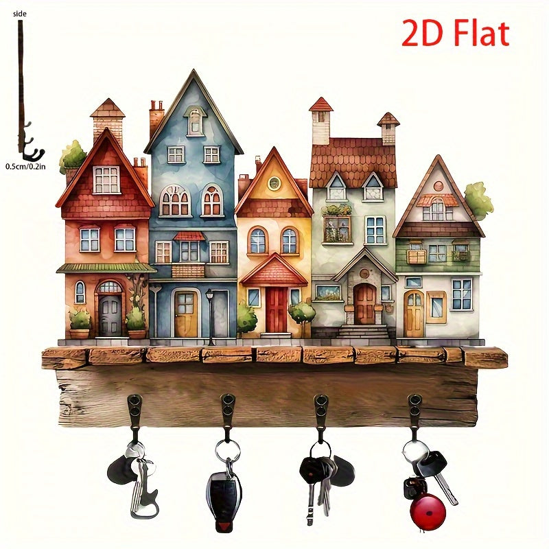 MHome 2D Simple Colorful Wooden And Home Key Hanger With Four Metal Hooks- Various Designs