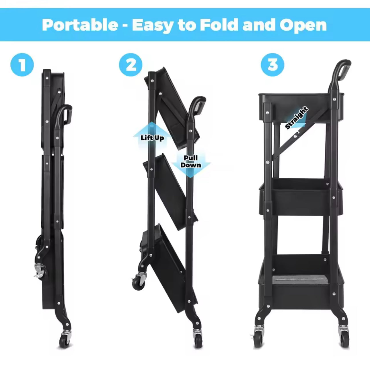 MHome 3-Tier Foldable Metal Kitchen Trolley – Utility Shelf on Wheels
