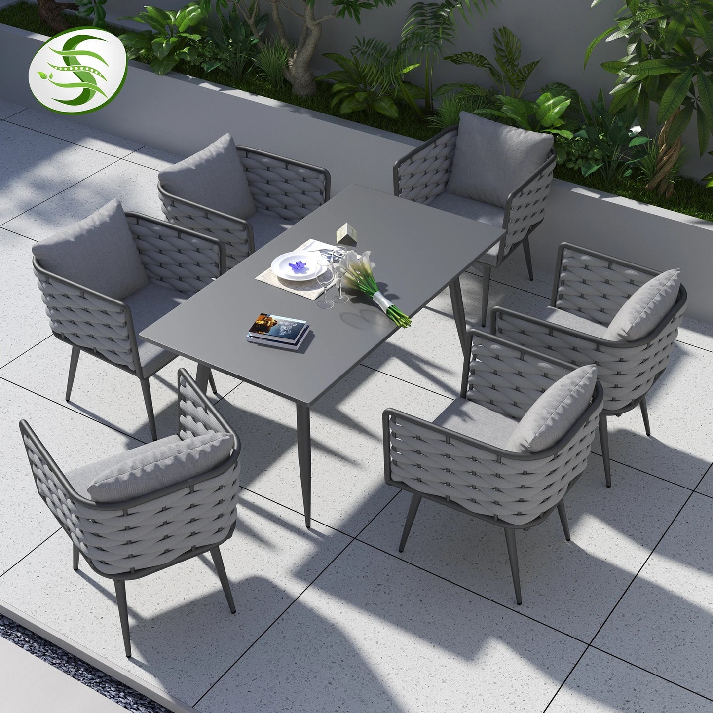Modern Garden Outdoor Leisure Rope Woven Patio Dining Table + Chair With Aluminium Fame 7pc Set