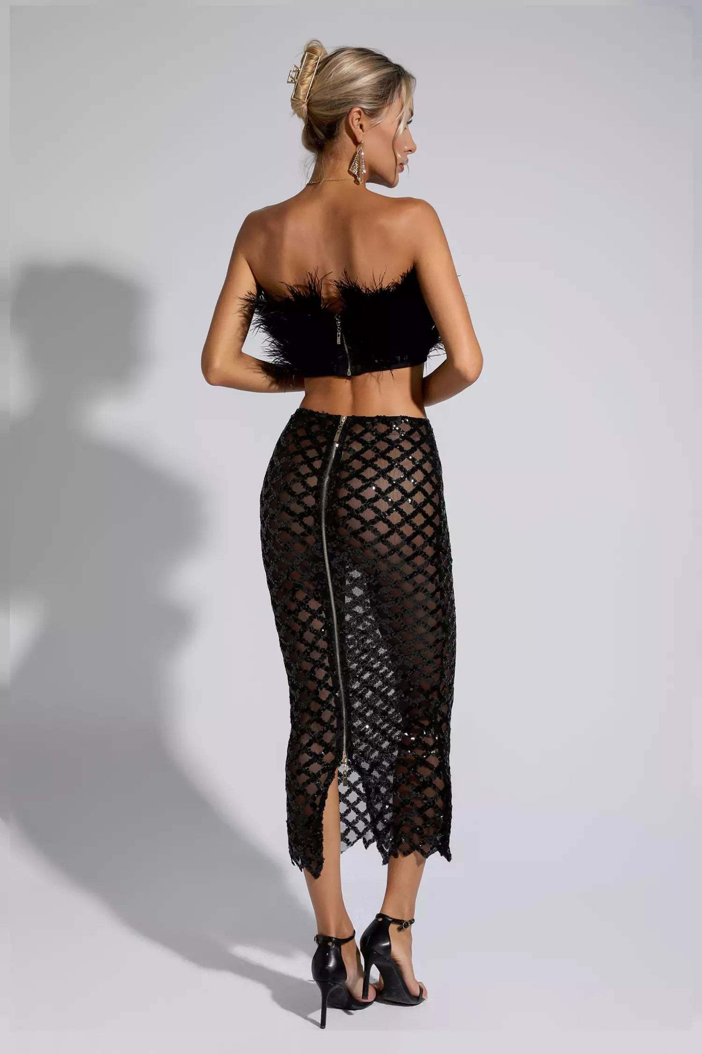 Women New Fashionable Sleeveless Sexy Crop Top And Faux Fur Skirt 2 Pieces Set, Suitable For Banquet Parties-Various Colours