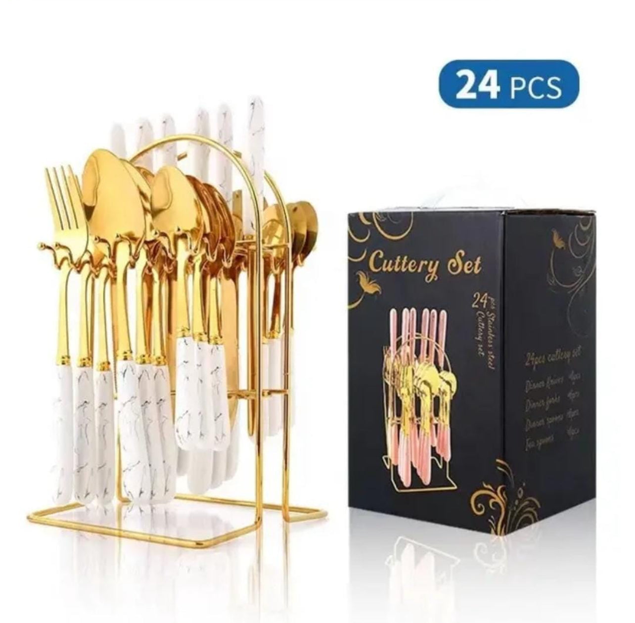 Classic 24 Piece Gold With Marble Handle Dinner Cutlery Set - Various Colour Options