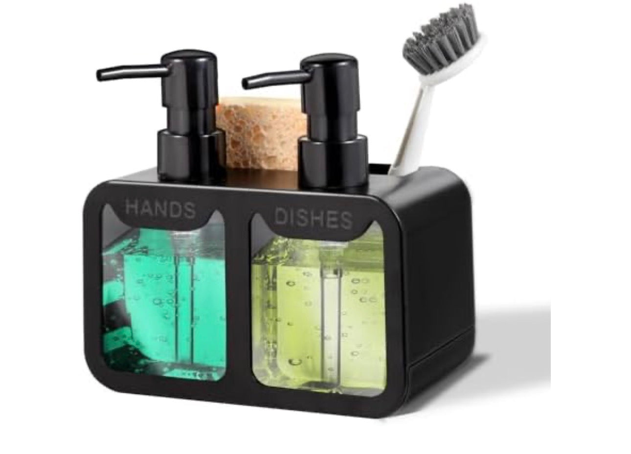 MHome Kitchen Soap Dispenser Set, with Hand and Dish Soap, Sponge Caddy and Brush Holder 4-in-1 Kitchen Dual Soap Dispenser Set for Kitchen Sink, Bathroom - Black or White