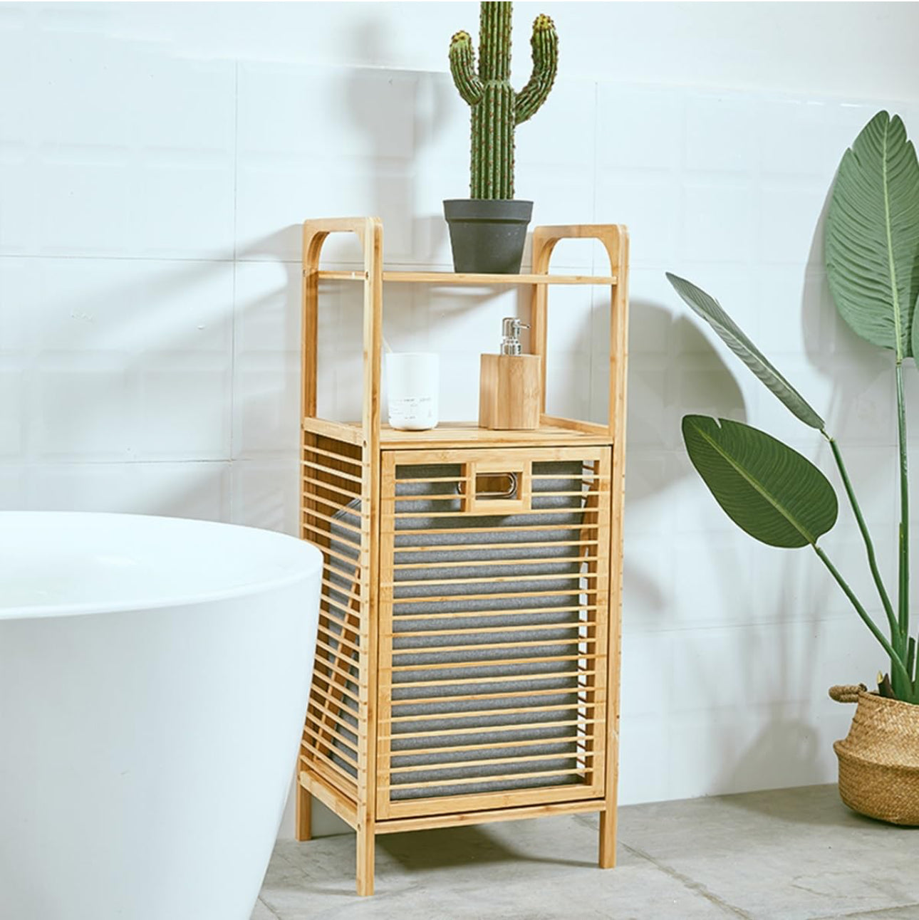 MHome Bamboo Laundry Basket Cabinet with Tilt-Out Hamper & Storage Shelf