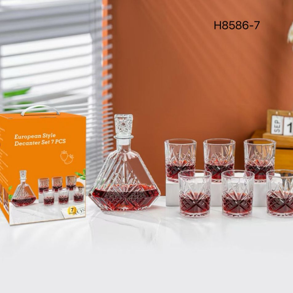 MHome Crystal Whiskey Decanter Set With 6pc Whisky Glasses for Liquor Scotch Bourbon Set