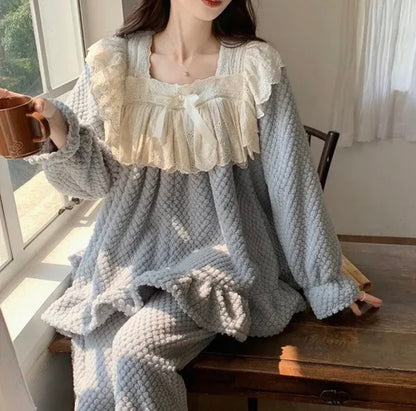 Ladies Coral Fleece Pyjamas  Autumn/Winter Thick Padded Warm Sweet Lace Suit Winter-Various Colours