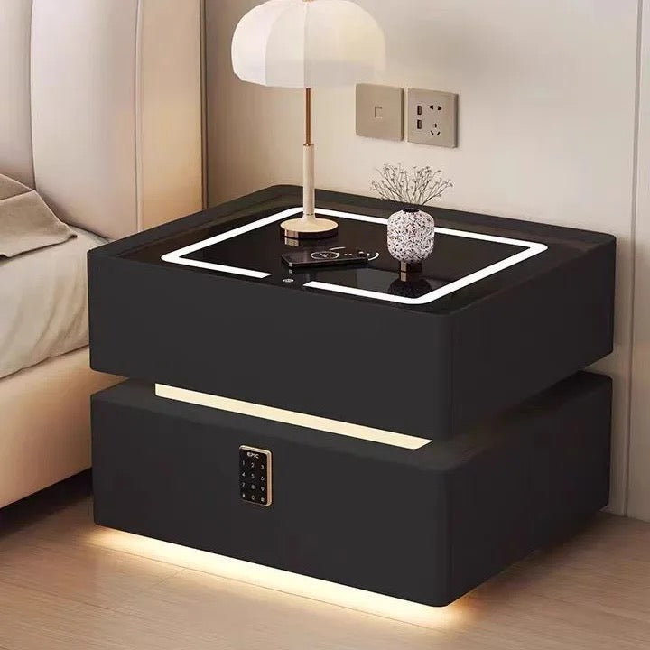 Nordic style smart bedside cabinets with wireless charging, Bluetooth speaker, LED strip, and secure password lock drawer-Available In Various Colours PreOrder Sales Now Available!