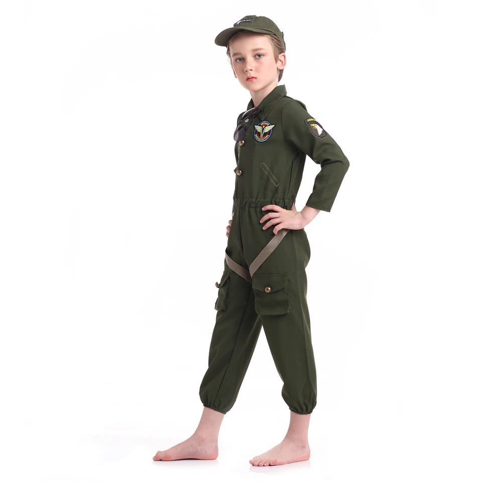 Kids Air Force Fighter Costume Children Pilot Jumpsuit Carnival Party Cosplay Roleplay Costumes Dress Up for Boys Girls Unisex