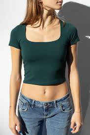 Women’s Short Sleeve Square Neck Crop Tops Basic Slim Fit Cropped T-Shirt