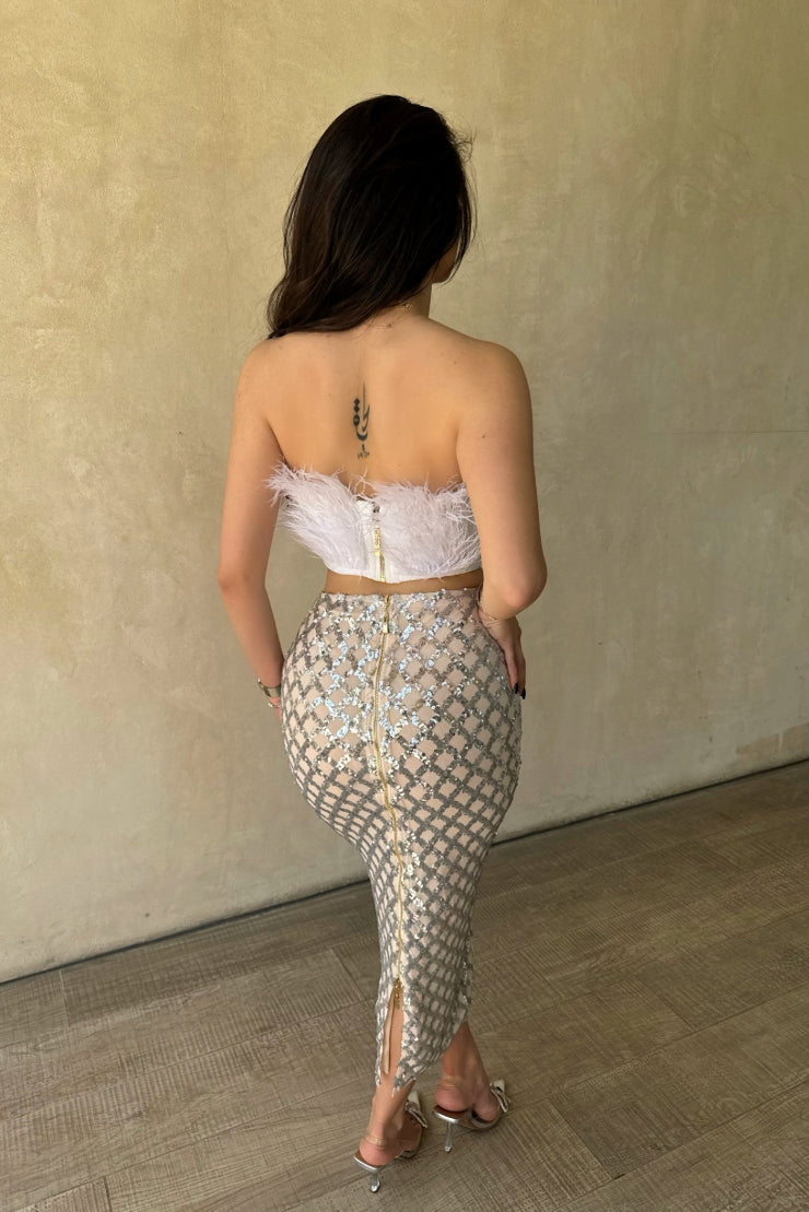 Women New Fashionable Sleeveless Sexy Crop Top And Faux Fur Skirt 2 Pieces Set, Suitable For Banquet Parties-Various Colours