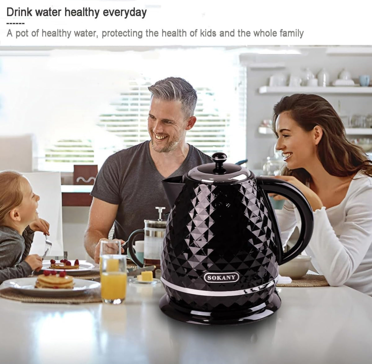 SOKANY SK-1032 Kettle, 2200 W, 1.7 L Teapot, Removable Limescale Filter, Automatic Shut-off, Water Level Indicator, 360°C Base, Black