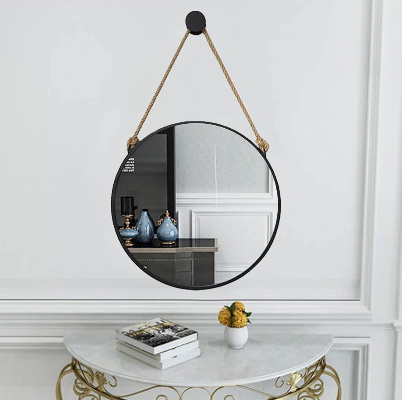 MHome Black Large Round Frame Mirror With Hemp Rope 60cm