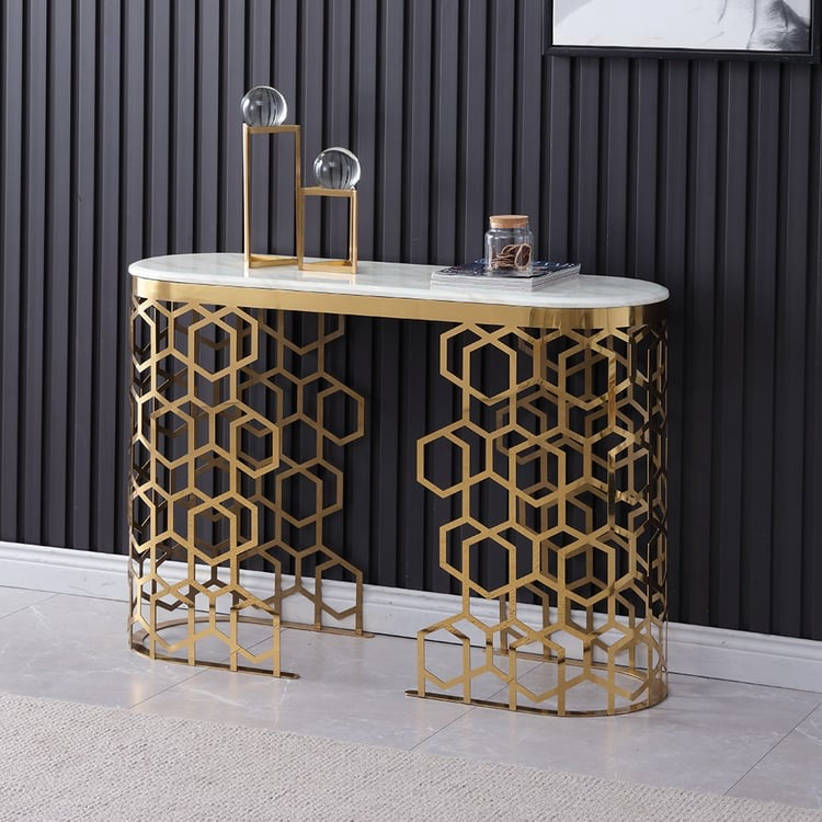 White Oval Narrow Entryway Table Marble Console Table With Double Pedestals