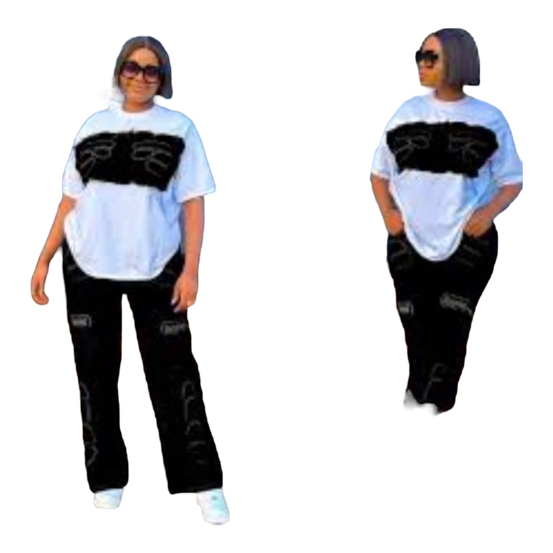 Ladies Trendy Cargo Pants & Top Sets 2pc Available in Black/White Blue/White