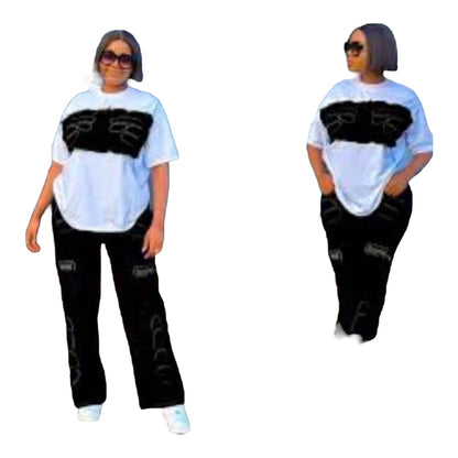 Ladies Trendy Cargo Pants & Top Sets 2pc Available in Black/White Blue/White