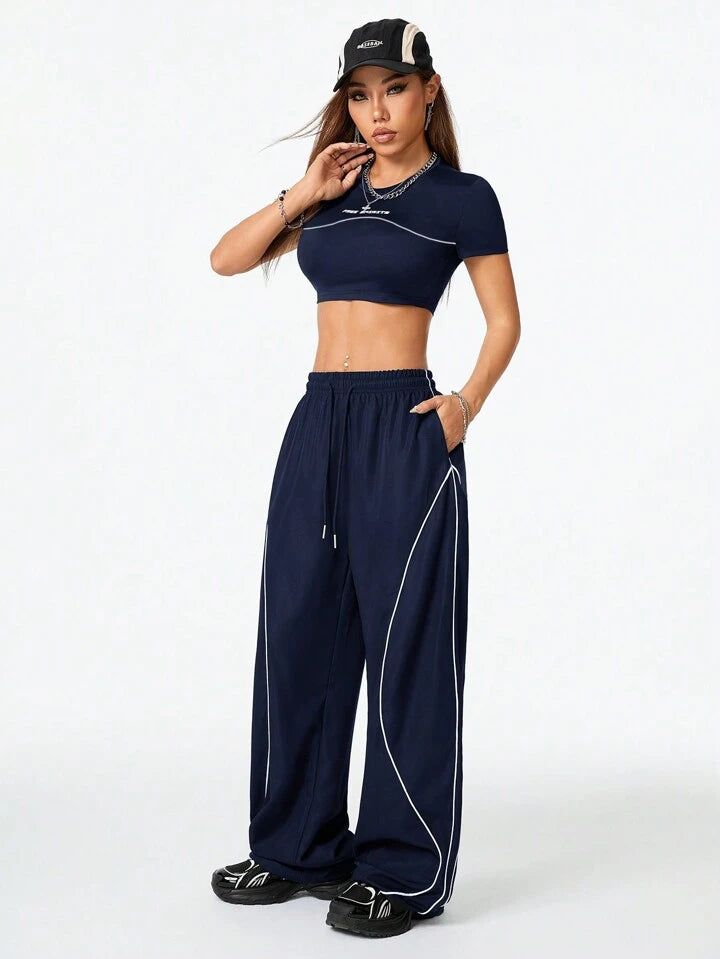 Women's Casual Streetwear T-Shirt And Wide Leg Pants 2pc Set- Various Colours