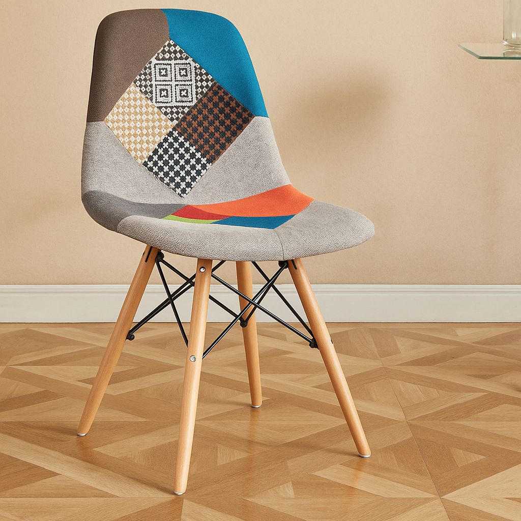 MFurn Patchwork Fabric Dining Chair – Modern Upholstered Seat with Wooden Legs