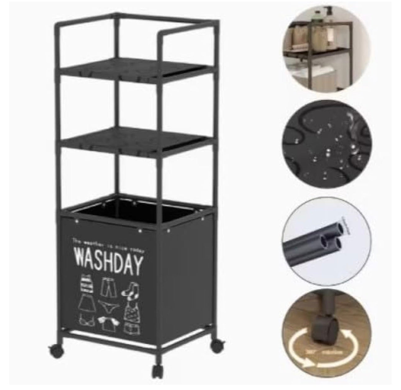 MHome 3-Tier Laundry Hamper Rack - Stainless Steel Storage with Dirty Clothes Basket, Suitable for Bathroom Toiletries, Compact Organizer for Bathroom or Laundry Room