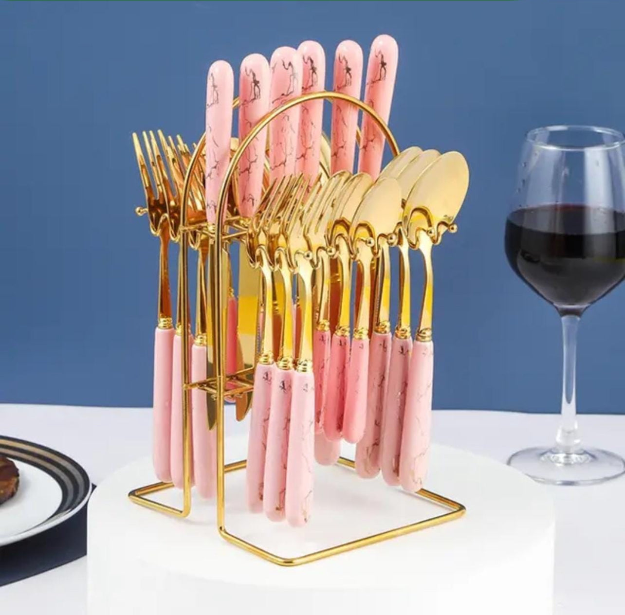 Classic 24 Piece Gold With Marble Handle Dinner Cutlery Set - Various Colour Options