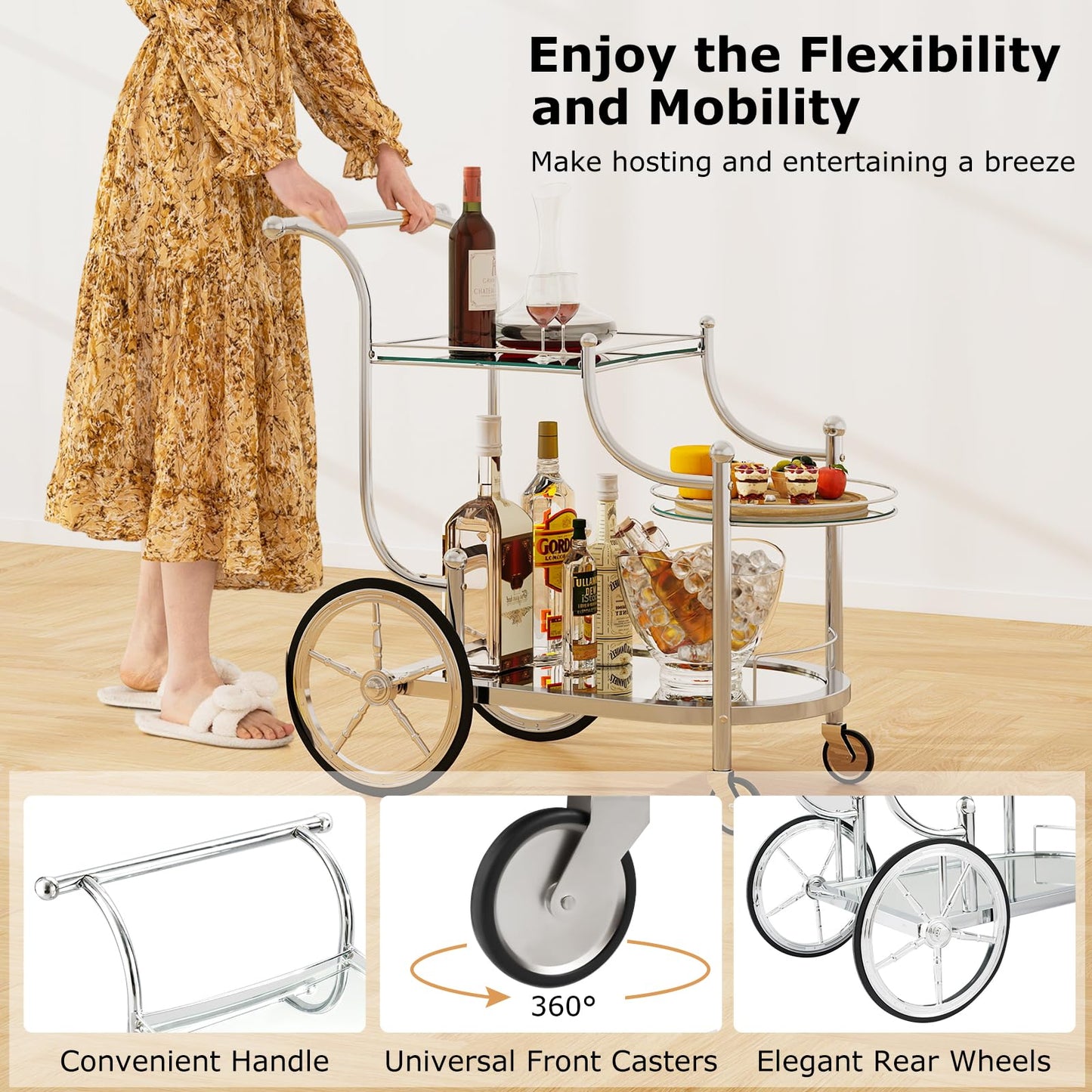MFurn 3-Tier Rolling Bar Cart – Mirrored Glass Shelves with Wheels