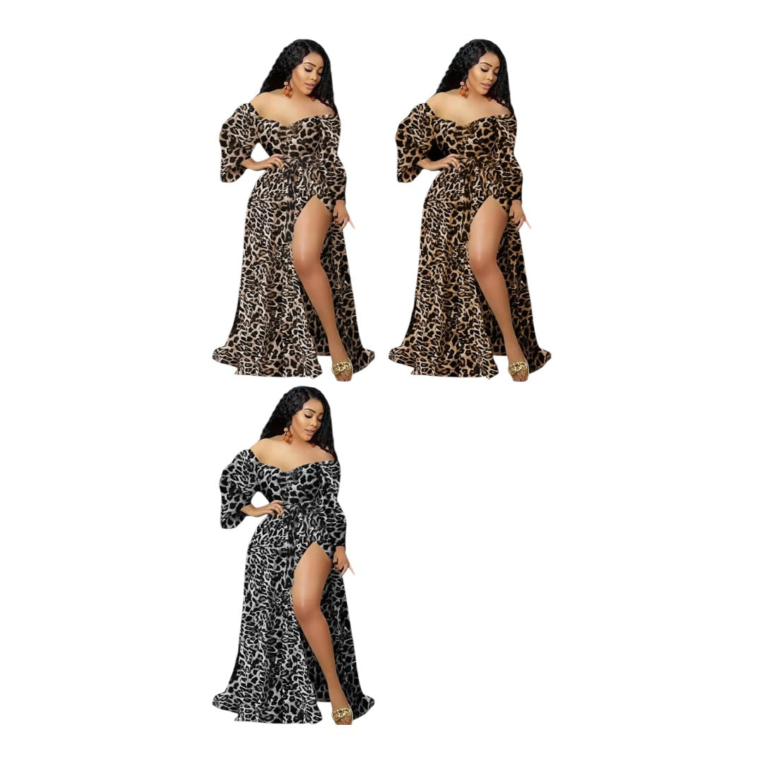 Leopard Striped High Side Split Off Shoulder Sweetheart Neck Mermaid Dress 2024 Sexy Party Club Maxi Women