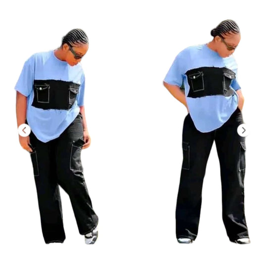 Ladies Trendy Cargo Pants & Top Sets 2pc Available in Black/White Blue/White