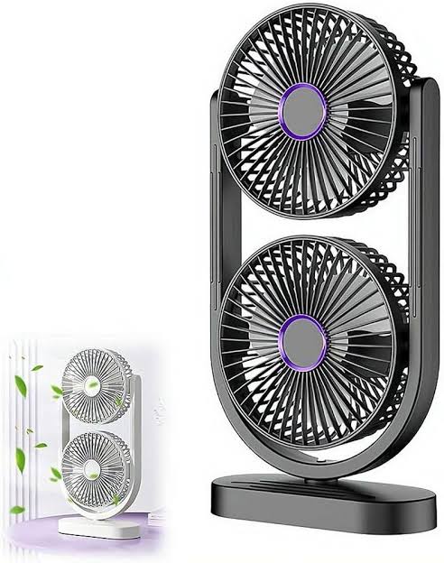 MHome Dual-Head Desktop Fan with 360° Tilt, USB-C Rechargeable, 5 Speeds, Night Light, 30 cm Height