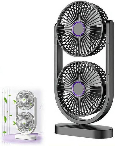 MHome Dual-Head Desktop Fan with 360° Tilt, USB-C Rechargeable, 5 Speeds, Night Light, 30 cm Height
