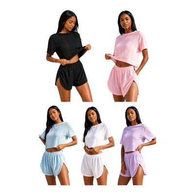 Ladies Summer Outfits for Women,Womens Loungewear Set,Ladies Nightgowns Set,Women Casual Solid Crewneck Short Sleeve Blouse Fashion Short Pants Pajamas
