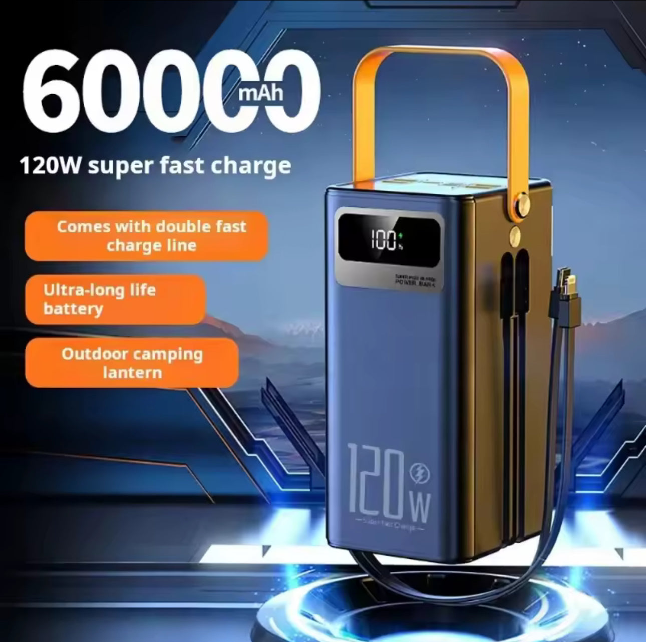 MTech 120W 60000mAh  Power Bank with Built-in Cables | LED Camping Light | 4 USB + Type-C + Lightning + Micro | Black & White