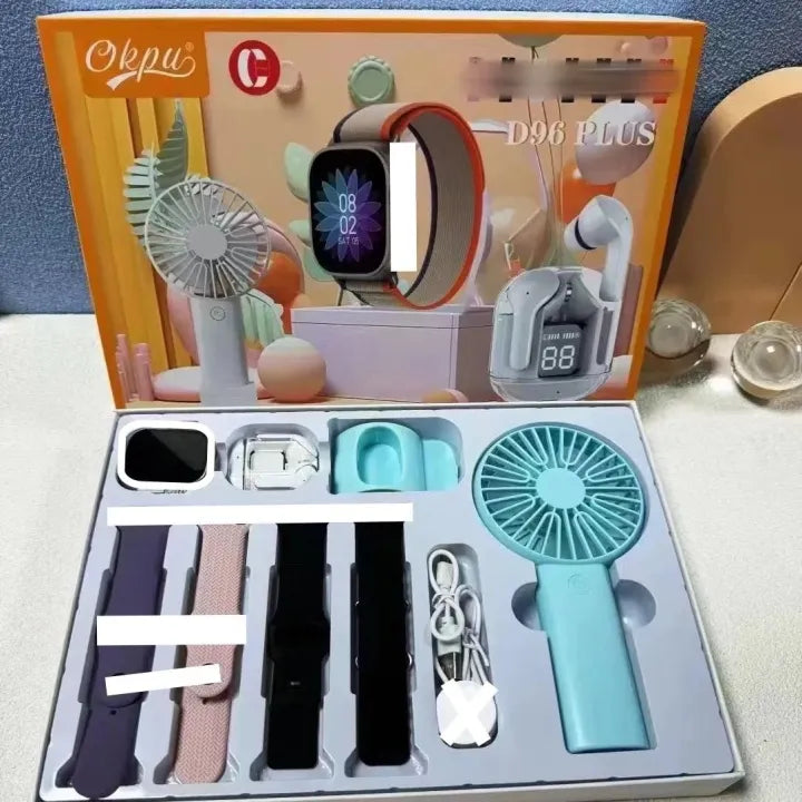 Smartwatch, Handy Fan and Earbuds Combo Set. Bluetooth Calling Smart Watch with 4 Straps, Best Quality Hand Fan and Earbuds Gift Set D96 Plus-Various Colours