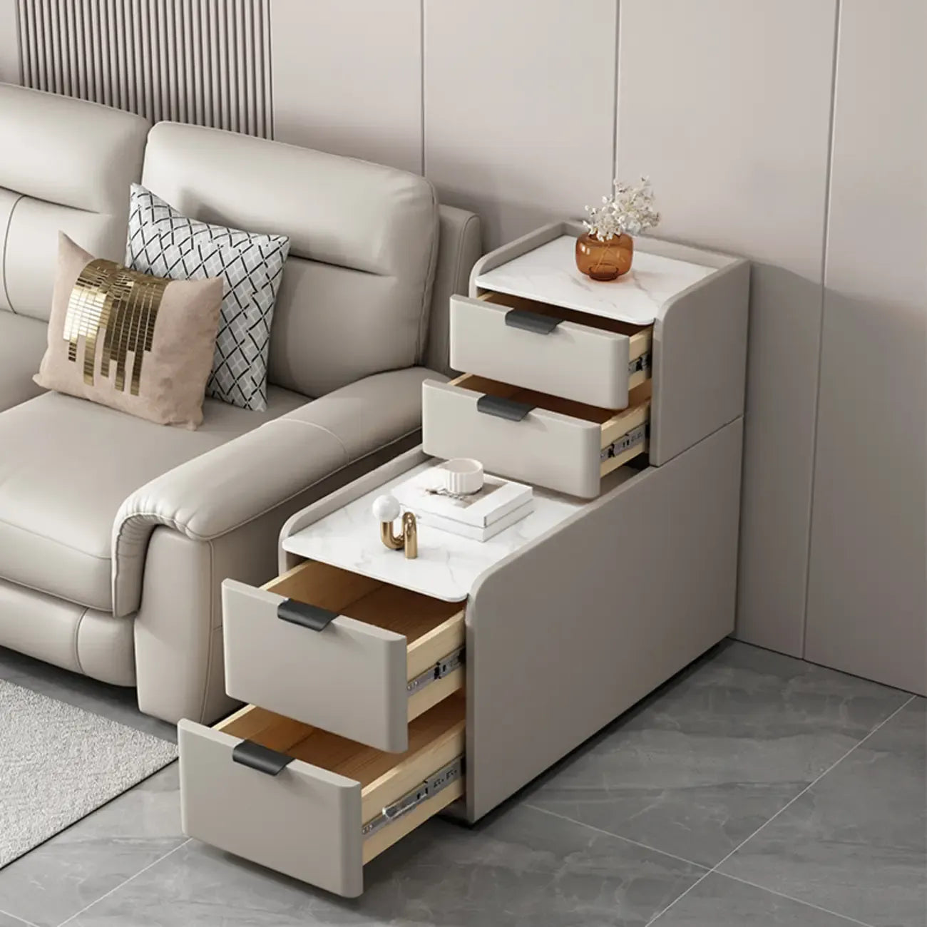 MFURN Modern Simple Style Rectangular White Sintered Stone Side Table with Block Base and 4 Drawers